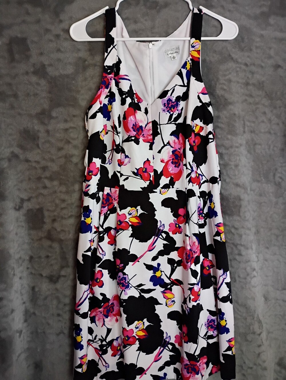 Robbie Bee White Floral Print Dress with Black, Pink and Purple Accents